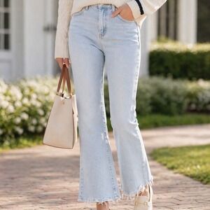 Topshop Moto Dree Light Wash High Rise Cropped Flare Raw Hem Jeans W26